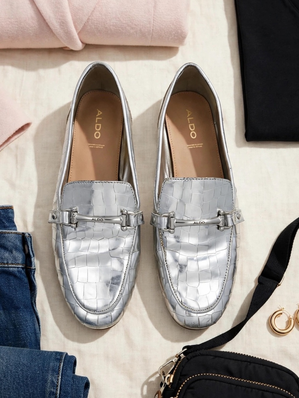 ALDO Men’s Silver Croc-Embossed Leather Bit Loafers